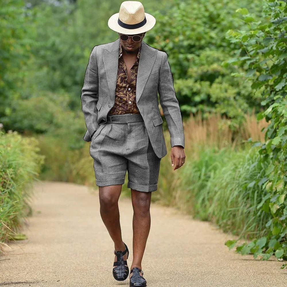 Summer Linen Men Suits Formal Man Cool Comfortable Full Men Suit for Wedding Dresses Blazers Sets 2 Piece Male Suits Shorts