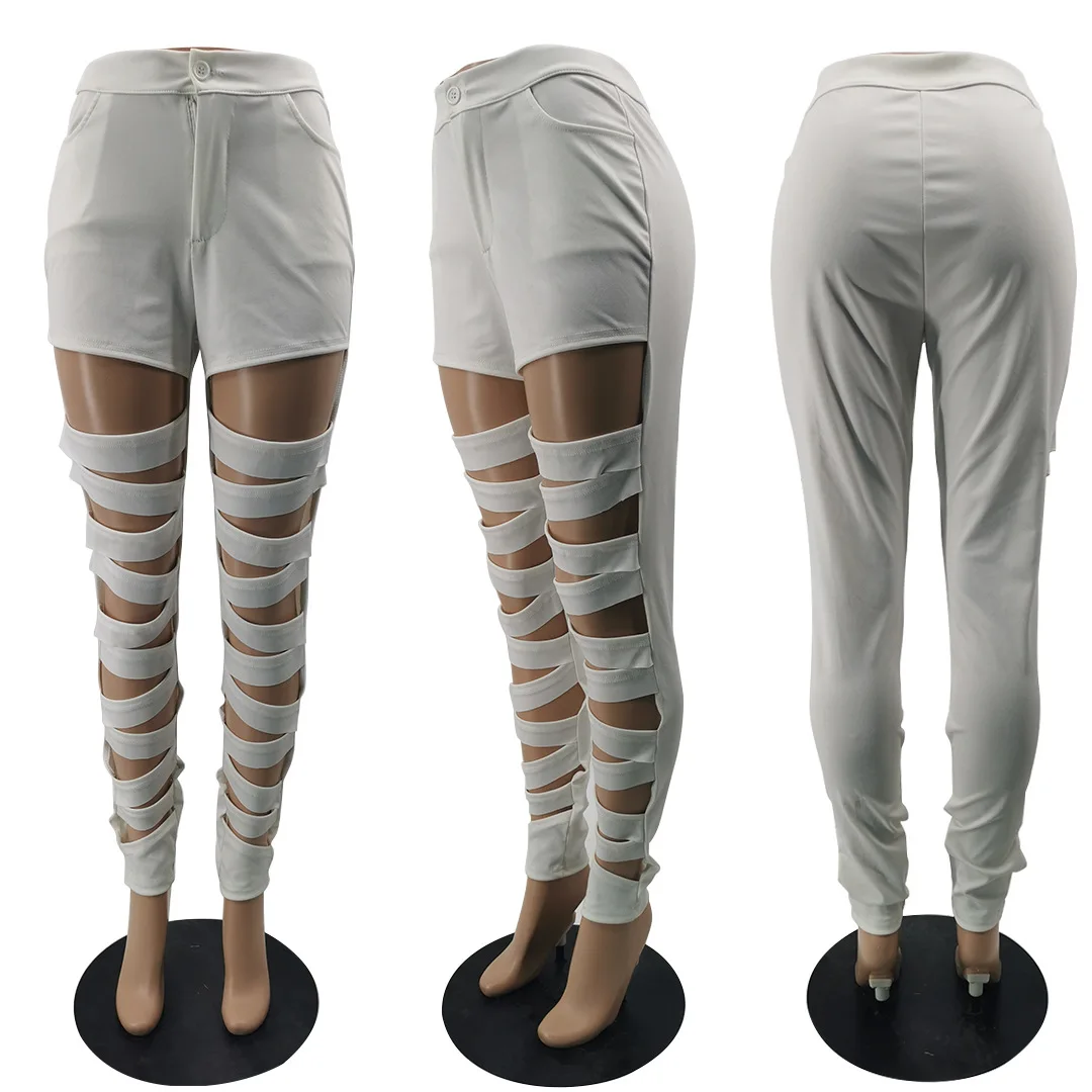 MT88-6509  High Waist Holes Split Gem Stacked Pants 2021 New Arrivals Apparel Ladies Trousers Casual Sweatpants