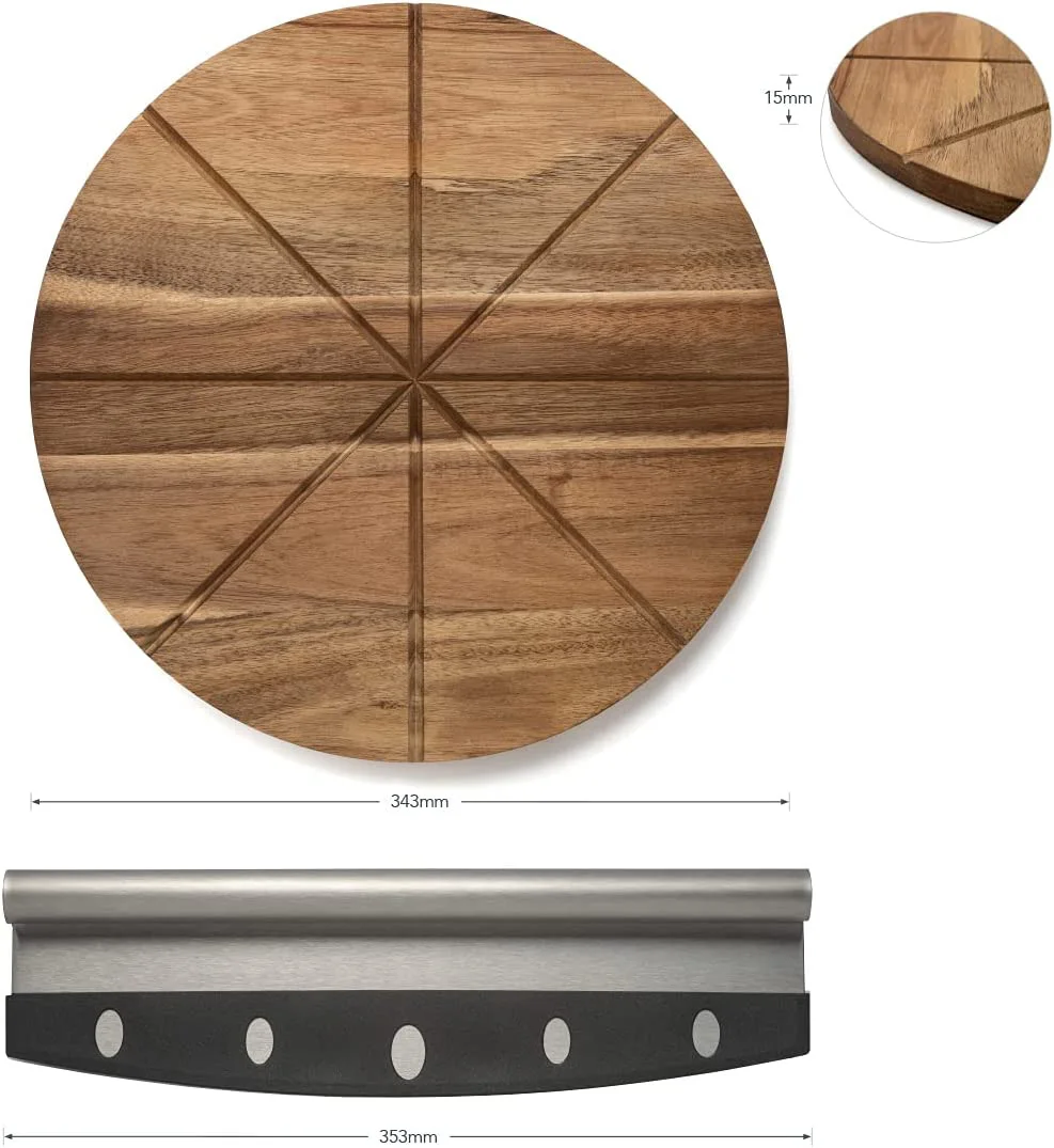 Pickmesh 16-Inch Pizza Board & Cutter Set - Acacia Wood Serving Tray With Stainless Steel Slicer, Engraved Size Guides, Perfect For Pizza Night & Gifting