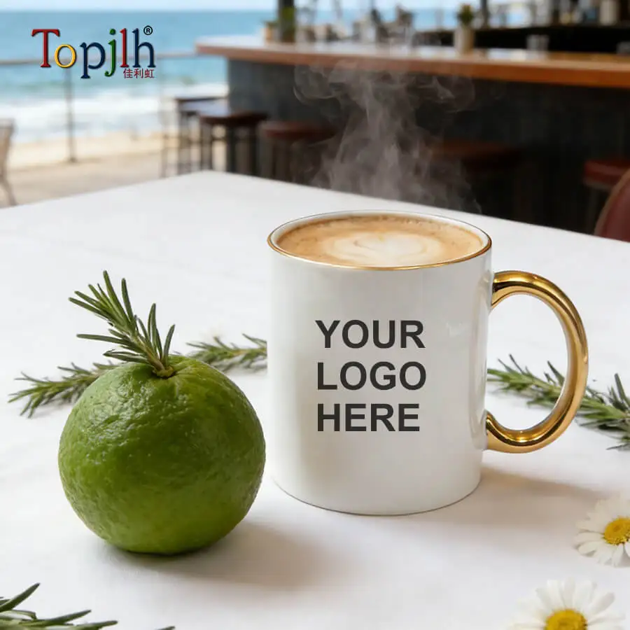 Topjlh Classical Luxury 11oz Gold Handle White Ceramic Mug Sublimation Blank Custom Printable Coffee Cup Wholesale Bulk