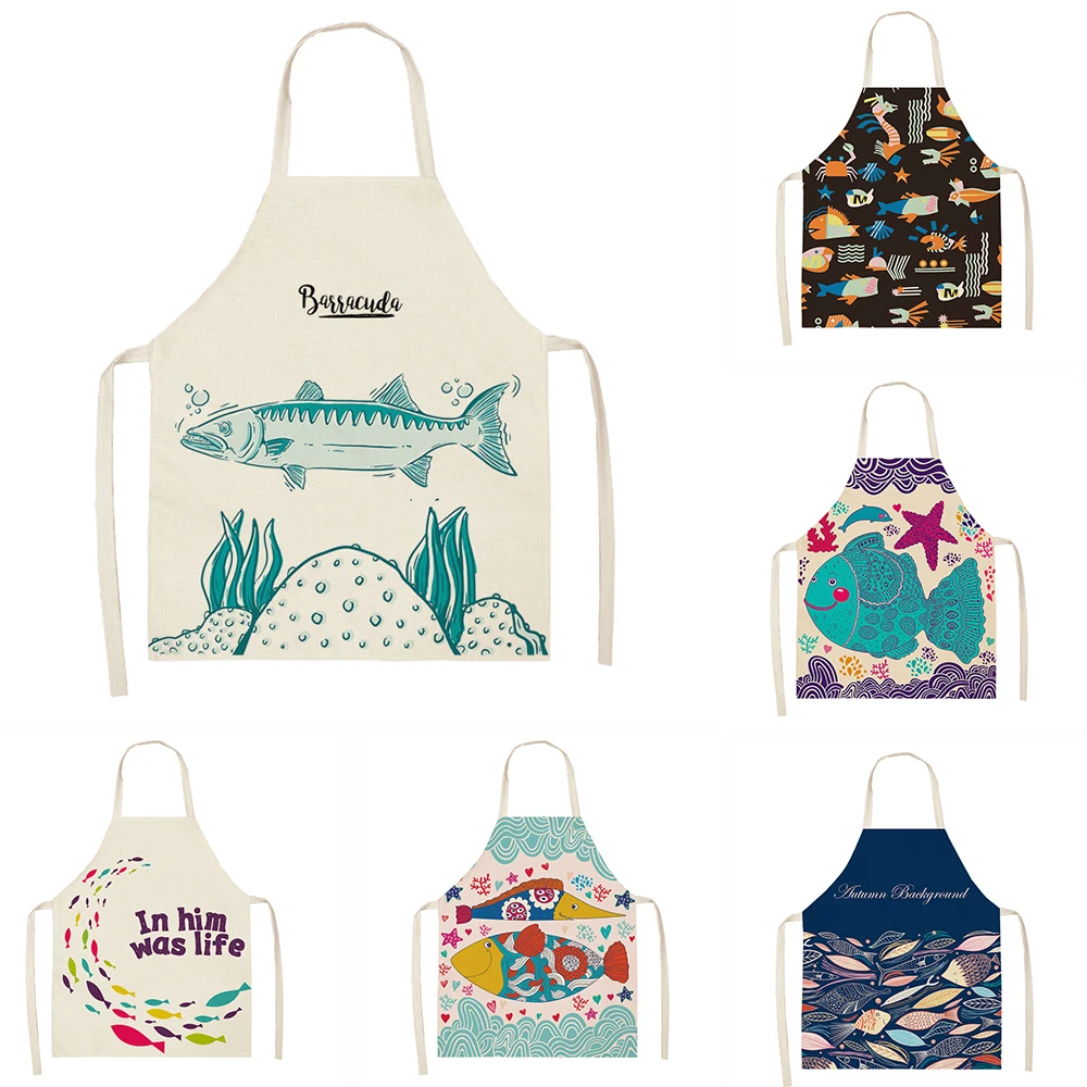 Customized Design Logo Print Children's Durable Cotton Linen Fish Style Print Fabric Sleeveless Kitchen Apron