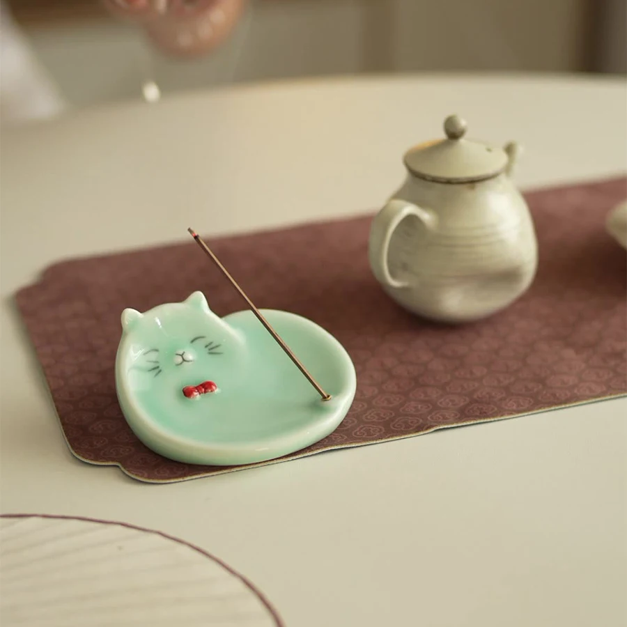 Set Porta Incenso Gatto In Ceramica Con 30 Bastoncini Al Sandalo E Tappetino In Bambù - Bruciatore Per Aromaterapia - 2
