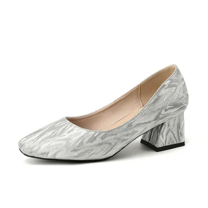 Chic Women's Silver Comfortable Summer Slip-On Square Toe Block Heel Pumps