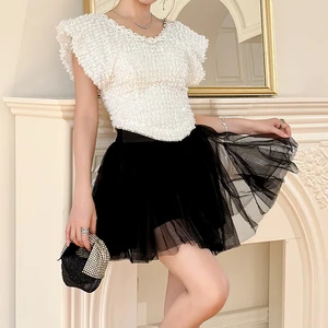 ZYHT 82024 White Blouse with Ruffled Cap Sleeves V-Neck Blouses Et Chemises Pour Femmes White Blouses for Women