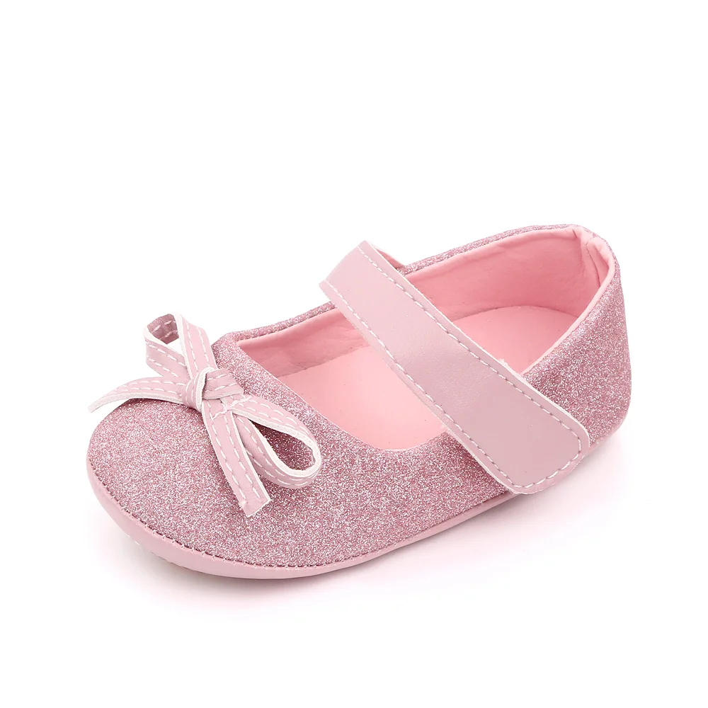 Spring and Summer New Sparkling Solid Color Glitter Bow Baby Girls Princess Walking Shoes details