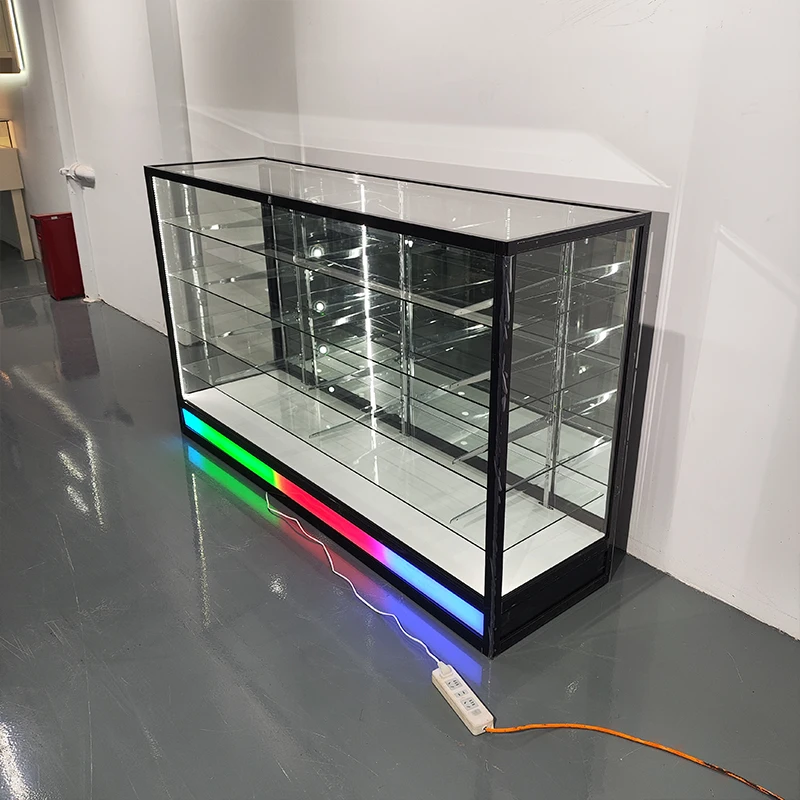 72-Inch RGB Light Sliding Glass Showcase Hot Sell Alloy Frame Display Cabinet with Smoke Mirror for Storefront or Office