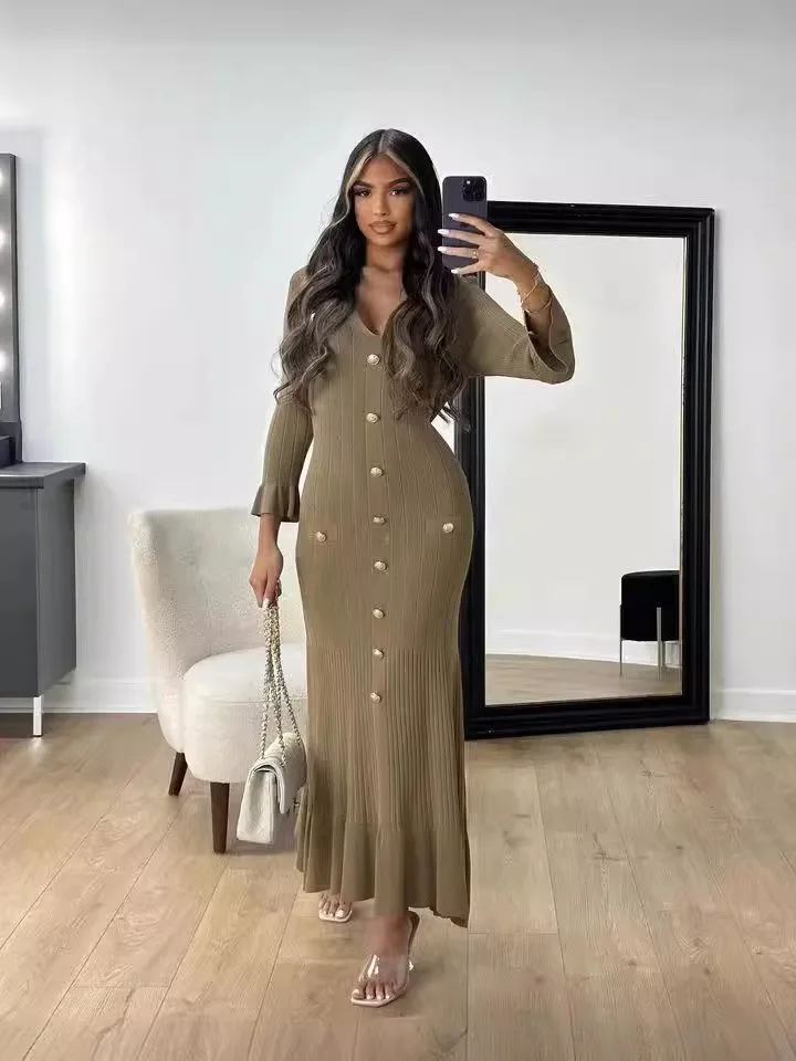 Button Lapel Slim Fit Knitted Women's Long Sleeve Turn-down Collar Sweater  Dress Button Rib Slim Ribeed Elegant Maxi Dress 2854| Alibaba.com
