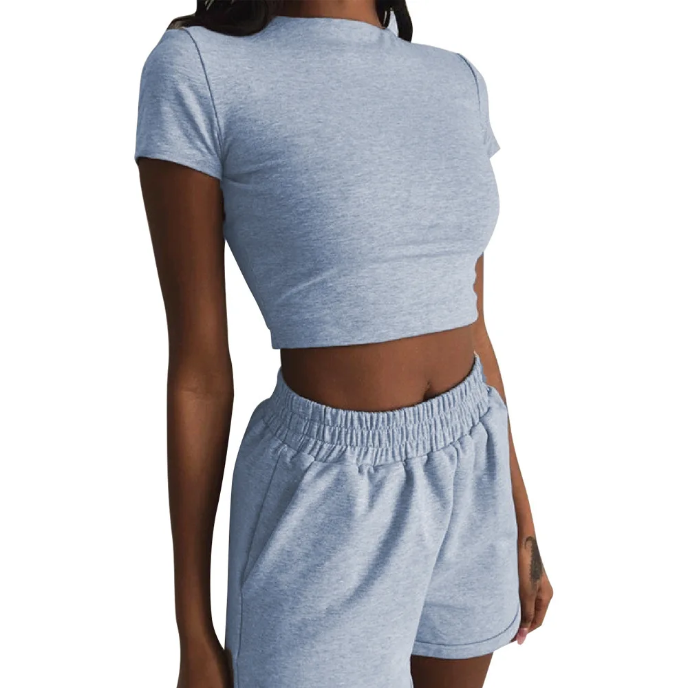 Short Sleeve 2Piece Crop Tops With Shorts Casual Outfits For Women's 2021 two piece short set women Short  Jogger