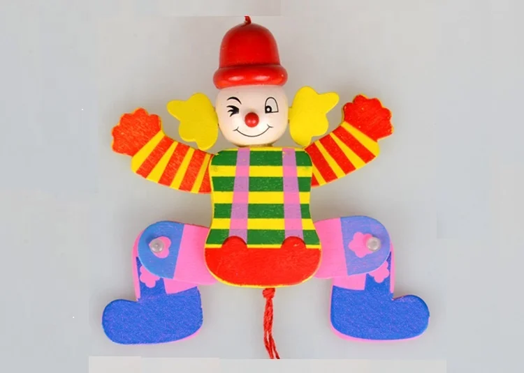 Wooden Hand Puppet Pull String Doll in Clown Design Hanging String Toy