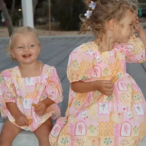 New Arrival Summer Linen Dress for Girls Short Puff Sleeves Backless Floral Boutique Dress for Leisure Style Baby Girls