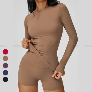 Custom Logo Slim Fit Breathable Sports Set Soft Yoga Tops Plain Long Sleeve T Shirts Butt Lift Shorts Women's Gym Fitness Sets