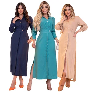 HK6016 Trendy Autumn Career Dresses Women Casual Lapel Long Sleeve High Waist Slit Long Dresses Women Office Ladies Maxi Dress