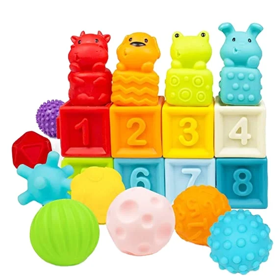 12-Piece Soft Stacking Blocks For Babies & Toddlers - Educational Teething Toys With Numbers & Animals