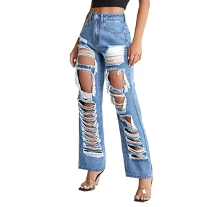 Custom Fashion High Waist Washed Holes Distressed Ripped Straight Jean for Women
