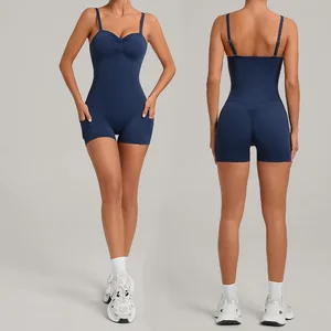 Roregal Summer Spaghetti Strap Women Yoga Short Jumpsuits Workout Scrunch Butt One-piece Yoga Wear with Chest Pad