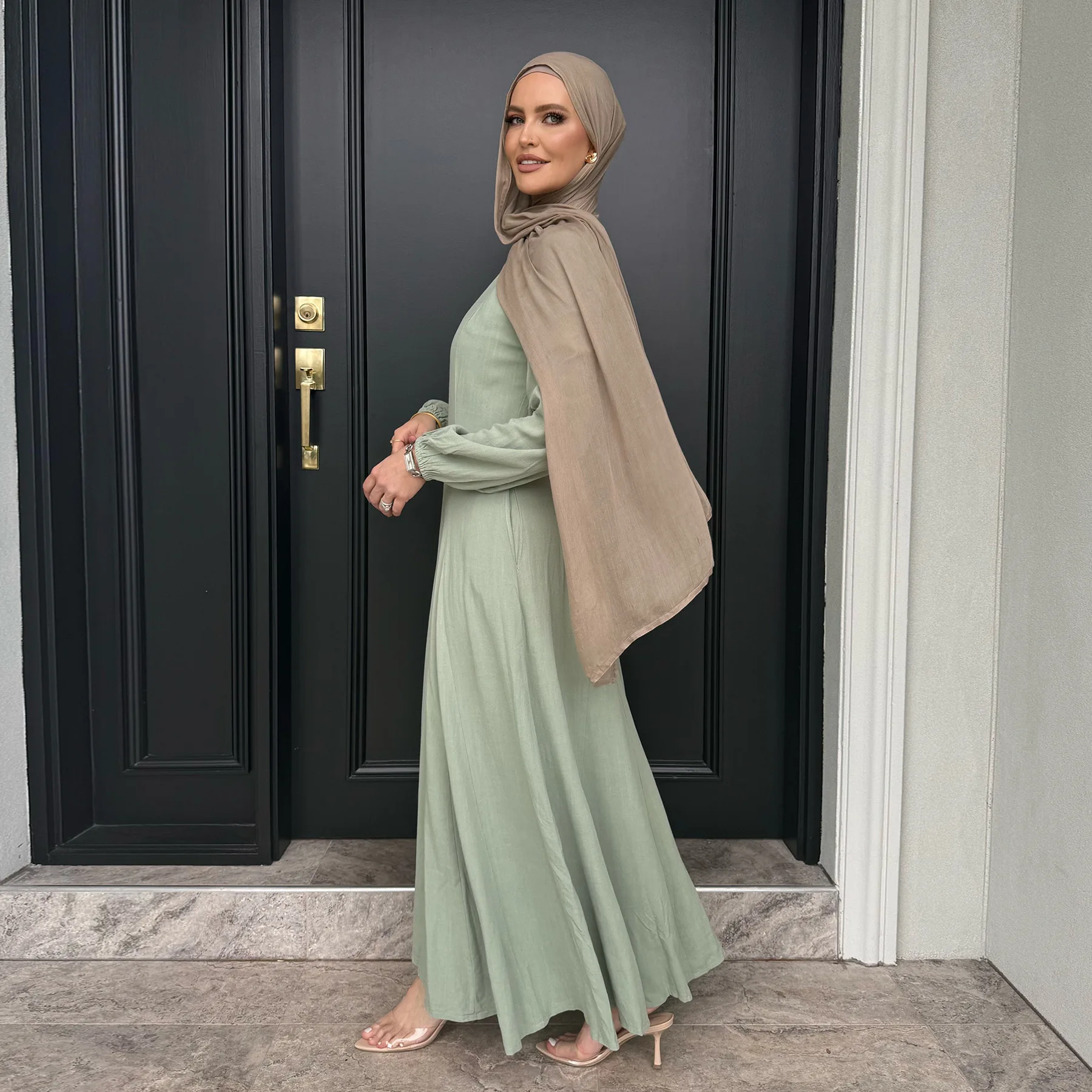 Crew Neck Modest Dress Linen Abaya Kimono Dubai Turkey Close Abaya Kaftan Muslim Dress Islamic Clothing Women Maxi Dress