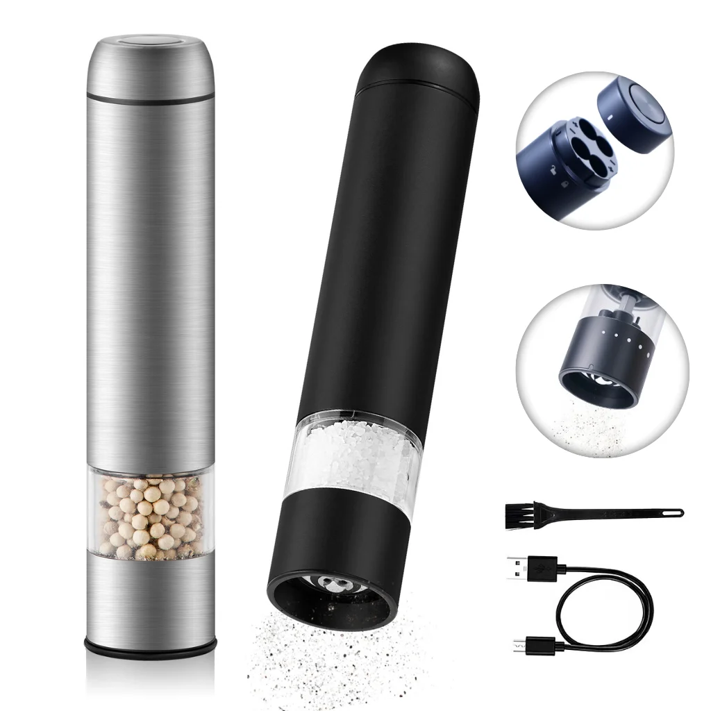 Pengisar Garam dan Lada Elektrik Boleh Dicas Semula, Keluli Tahan Karat, USB, Graviti Boleh Laras dengan Mata Pisau Seramik untuk Dapur, BBQ, dan Aktiviti Luar Rumah