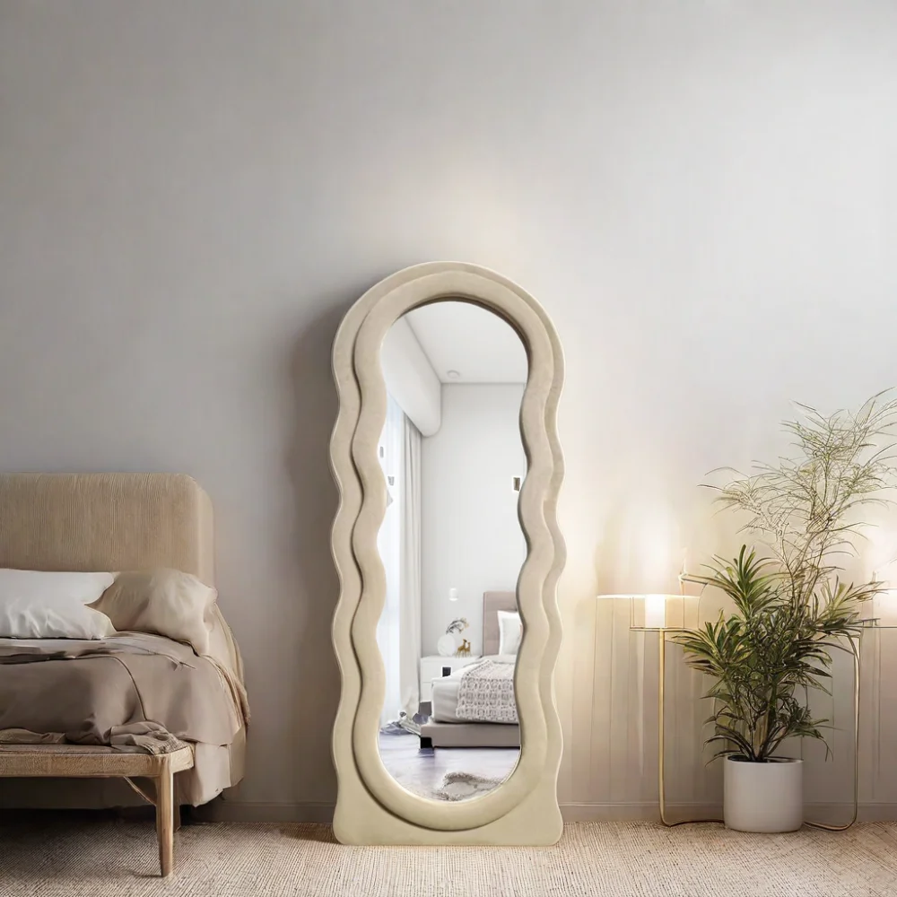 Custom Vintage Home Design Wall Floor Standing Mirror Asymmetrical Arch Irregular Full Length Body Long Wavy Framed Glass