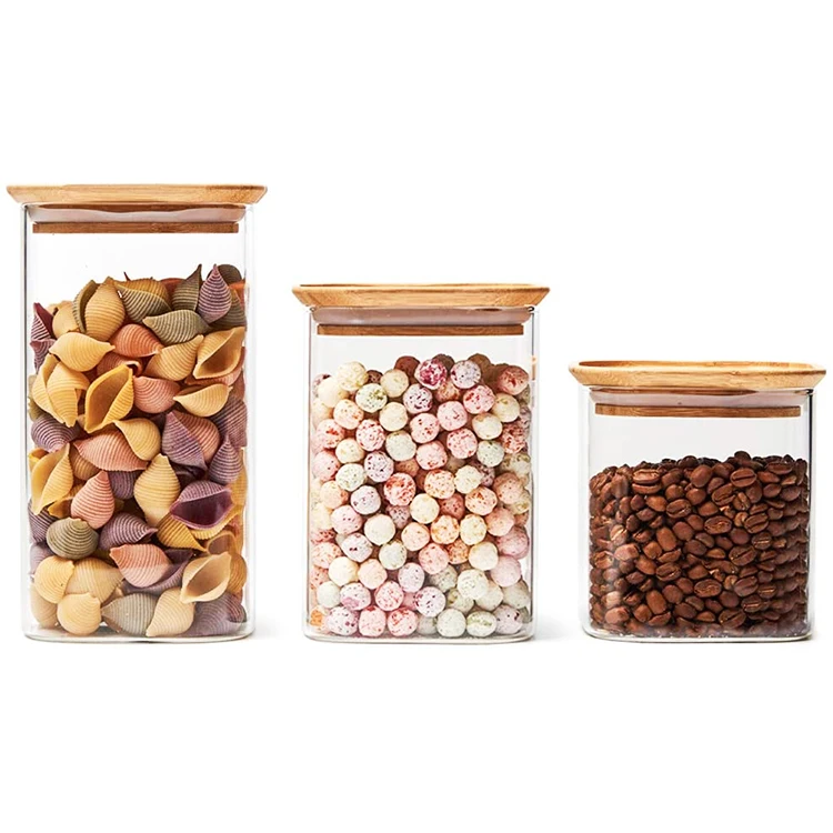 木製蓋付きガラス瓶/アカシア木製蓋付きスクエアホウケイ酸ガラス収納