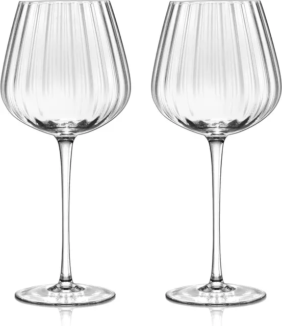 Modern Long Clear Ribbed Stemmed Hand-Blown Crystal Red and White Wine Glasses for Wine Tasting Birthday Anniversary Wedding