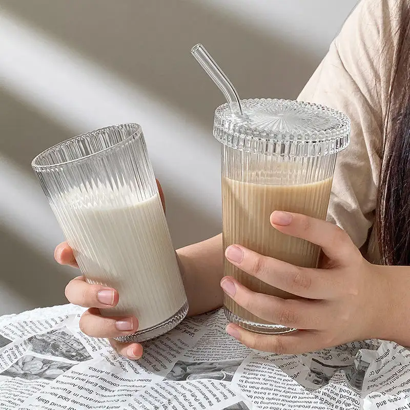 Simple Vertical Striped Glass With Lid Straw Cup Water Cup Milk Coffee Cup  375ml