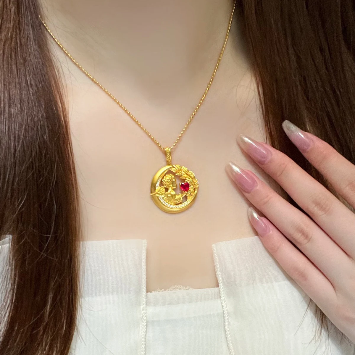 精品珠宝批发价格黄金工厂黄金魅力情人节礼物红宝石爱神丘比特吊坠18k真金5D