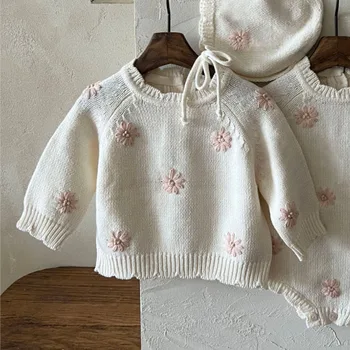 Autumn and Winter Infants' Sweaters Cute Fresh Daisy Crochet Knitwear Fashion Pure Cotton Tops for Girls Baby