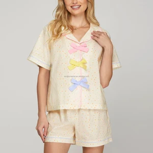 Bow Embellished Multi Dot Pajama Set Short Sleeve Top Shorts Sleepwear with Contrast Piping Cream Pastel