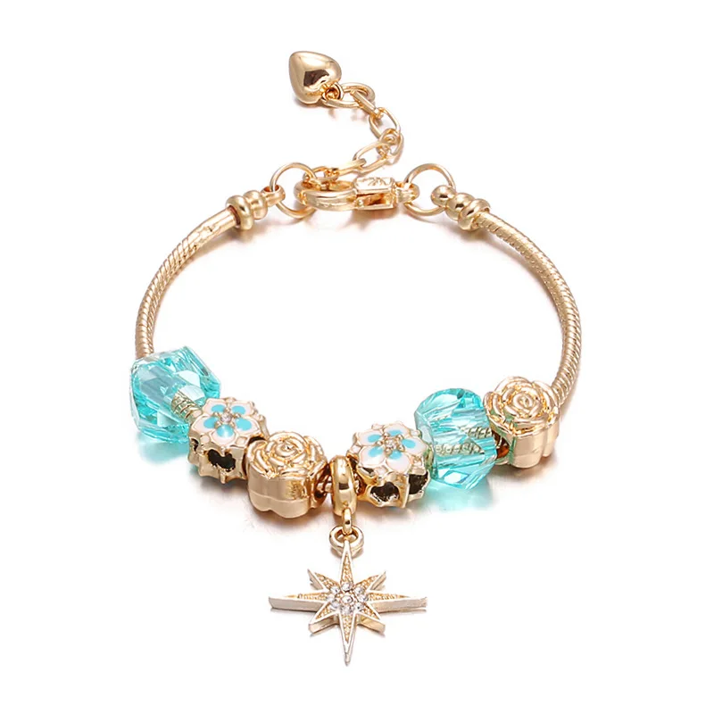 Flowers beaded star pendant  charm bracelets gold plated high quality Women's jewelry