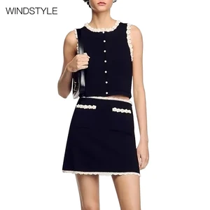 Custom Women's Slim Sleeve Top Knitted Shirt and Midi-Length Half Skirt Set Sleeveless Casual Style for Autumn