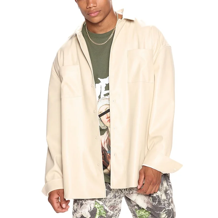 Black Custom Oversized Shacket Pockets Plus Size Leather Jacket Man_voghion.com