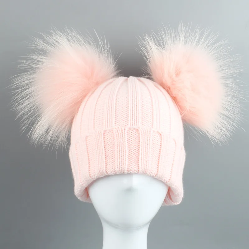 Light Pink Beanie with 2 real raccoon pom pom Winter Beanie W/Raccoon Fur Pom-Pom - Extra Warm Lined  main image 3