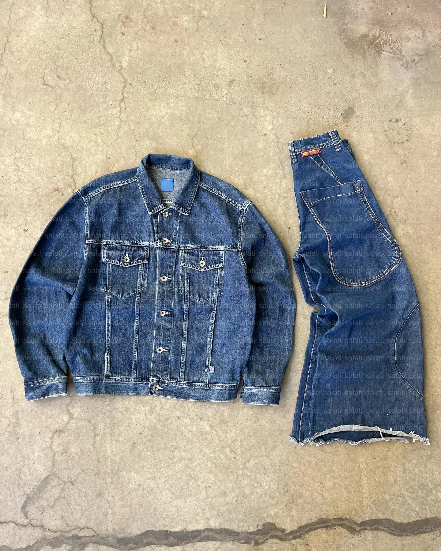 Custom Men's Two-Piece Streetwear Hip Pop Outfit Oversized Cotton Flared Denim Pants With Vintage Print Matched Jeans Jacket