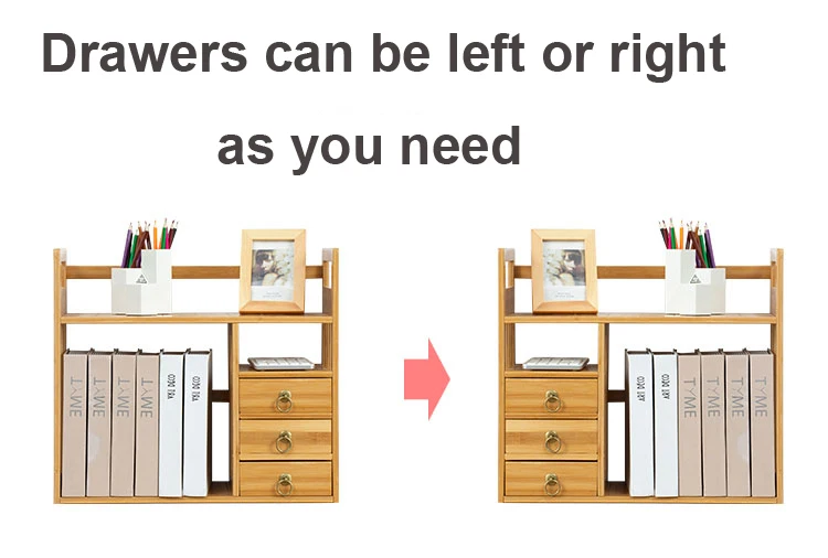 Bamboo Desk Storage Shelf Bookcase with Drawers for Home and Office Desktop Bookshelf