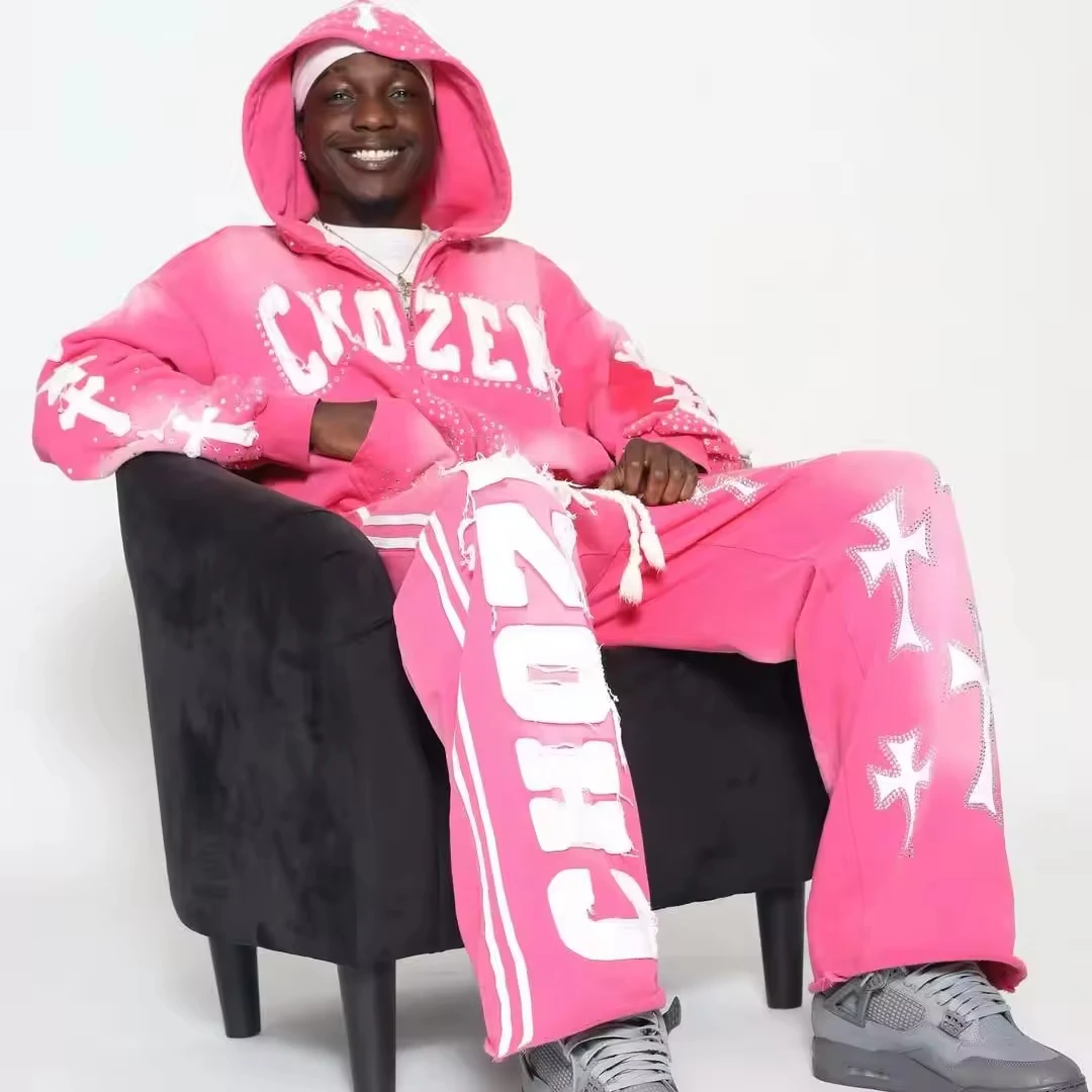 Custom Rhinestone Hoodie DTG Print 100% Cotton Full Cropped Raw Hem Hoodies Zipper Printing Hoodie French Terry gallery 3