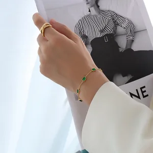 Ilona Simple Design Stainles Steel Bracelet Fashionable Emerald Green Zircon Bracelets Luxury Gold Plated Woman Bracelet Jewelry