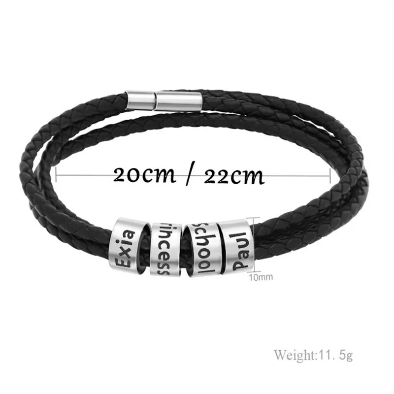 Mens Custom Bracelet Braided Black Leather Bracelets with 1-5 Names Engraved in Custom Beads Customized ID Bracelet for Men