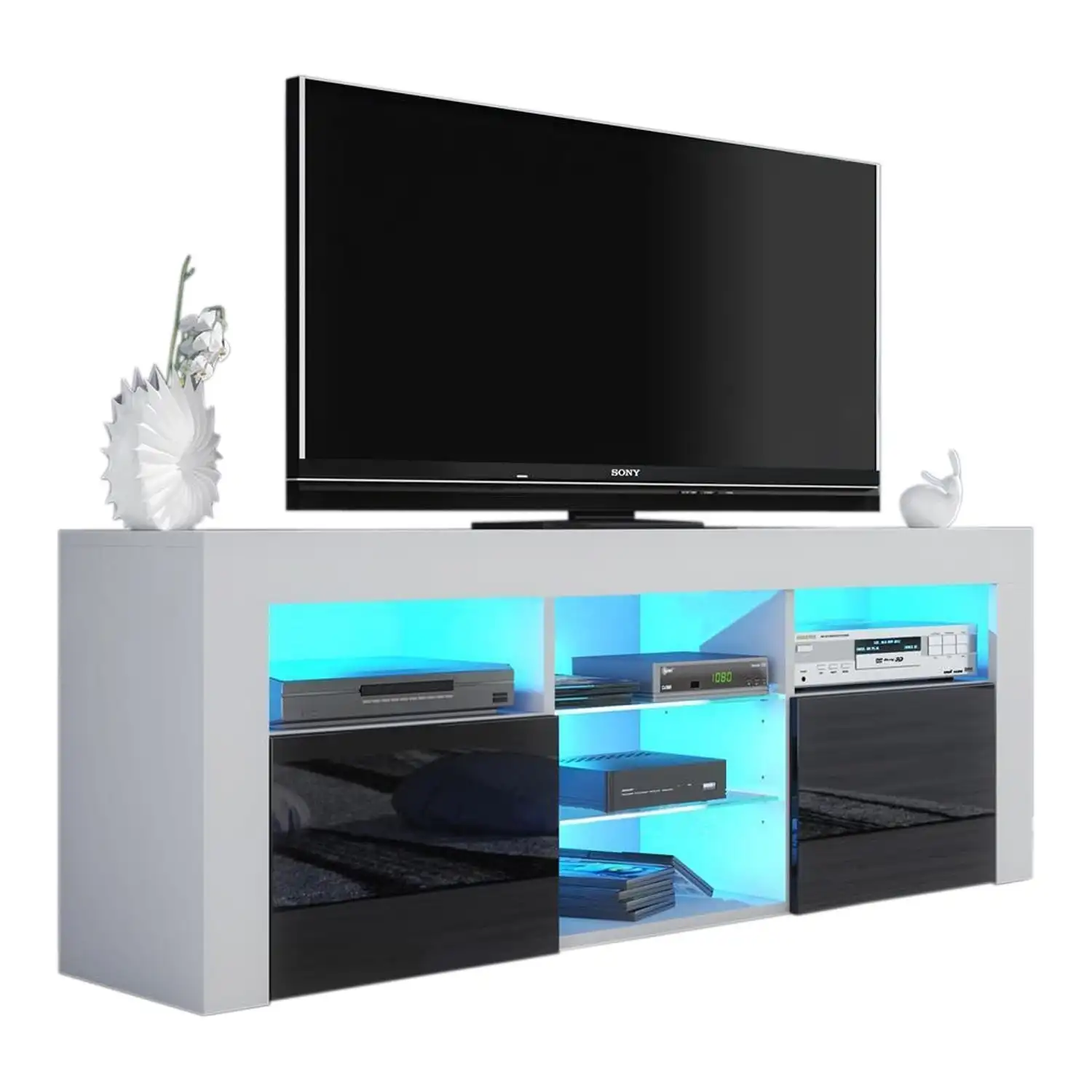 Modern High Gloss Fronts LED Lights Entertainment Center White and Black Wood Media Console Table with 2 Drawers TV Stand