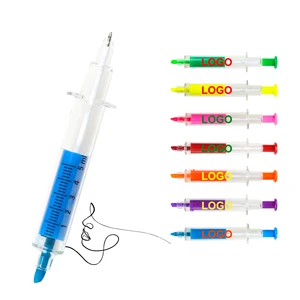 Promotional Novelty 2-1 Syringe Highlighter Ballpoint Pen with Multi-color Plastic Customized Personal Logo Print for Kids Gifts