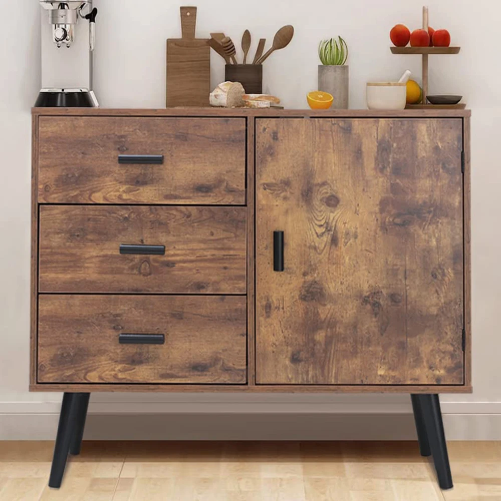 Mid-Century-Holzwandschrank für das Wohnzimmer mit Tür und 3 Schubladen, verstellbaren Einlegeböden
