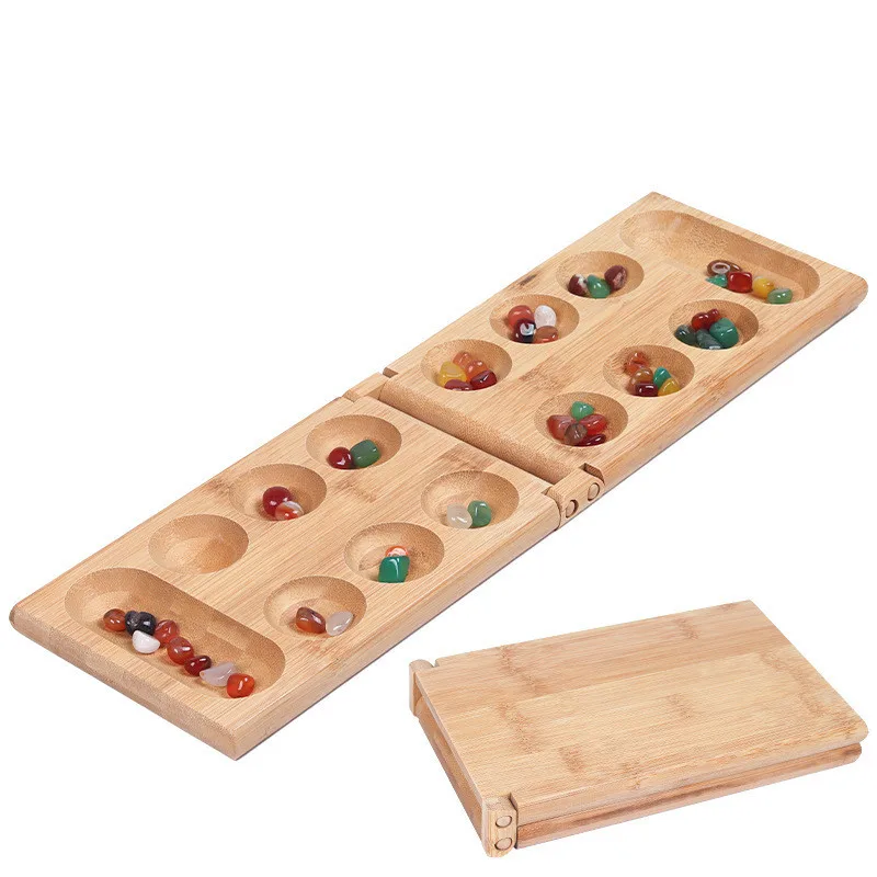 Portable African Wooden Mancala Board Game with 48 Stones Set Strategy Game