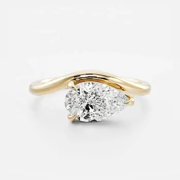 Wholesale 925 Sterling Silver Luxury Engagement Fine Jewelry Gold Plated Curved Solitaire Pear Cut Zircon Rings for Girls