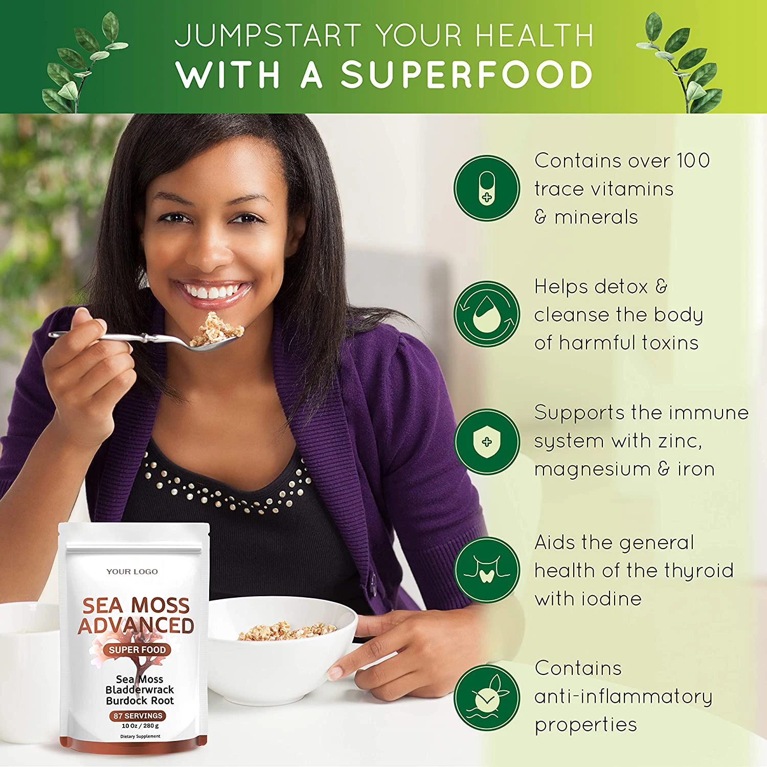 Herbal Extract Seamoss Drink Immune System Booster Vegan Sea Moss Powder Packets With Bladderwrack & Burdock Root