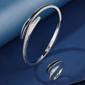 Elegant Zircon Brass Jewelry Set for Women Classic Vintage Style Rhodium Plated Bracelet Ring Perfect Gift for Wedding