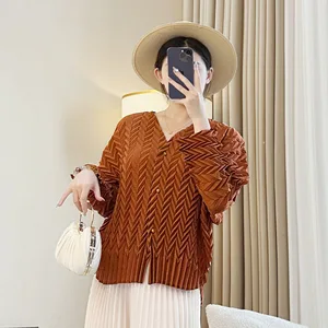 Miyake Women's Autumn Pleated Blouse New Fashion V-Neck Button Design Long-Sleeved Casual Style Cardigan