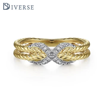 Doyonds S925 Sterling Silver Elegant Interlaced Ring with Golden Weave Texture and Sparkling Silver Diamond Accents