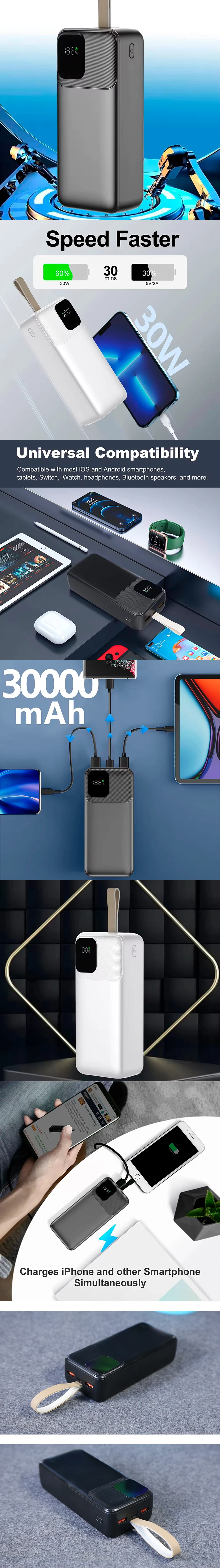 Most Selling Product in alibaba for Laptop and Mobile Phone Power Banks 30000 MAh with Lanyard PD 65W Fast Charging LED Display