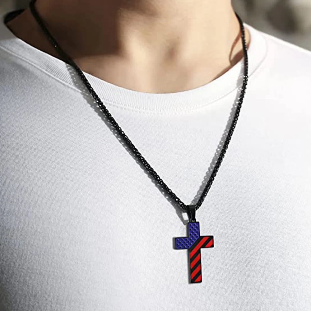 Personalized American Flag Patriotic Cross Necklace Christian Religious Bible Verse Pendant Jewelry for Men Women Memorial Gift