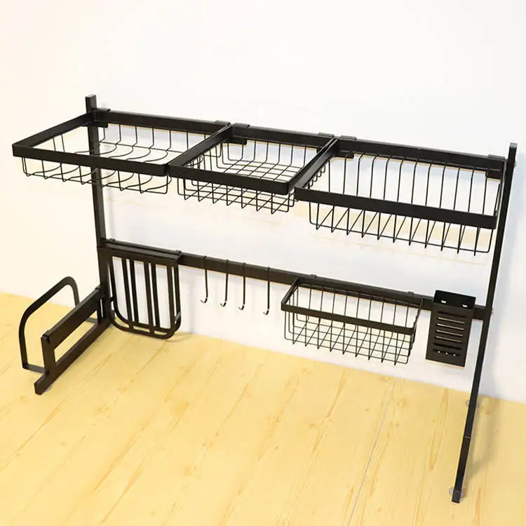 Black Drying Kitchen Racks Metal Sink Dish Drainer Rack Stainless Steel Over The Sink 85cm Storage Holders & Racks Multifunction details