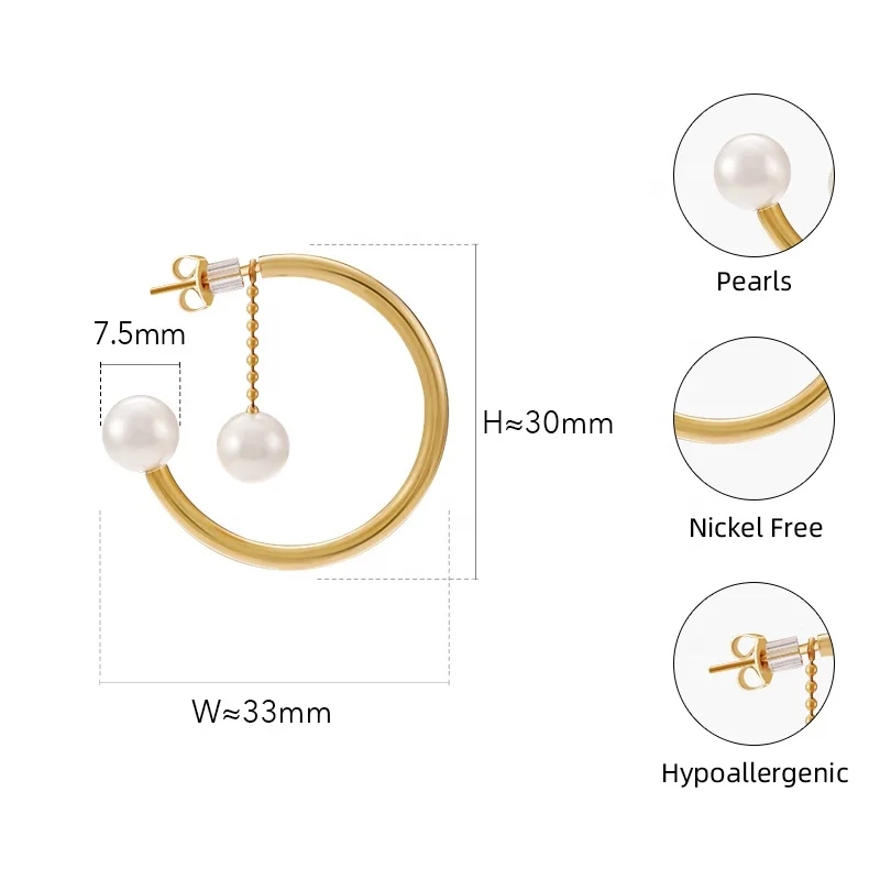 Latest 18K Gold Plated Stainless Steel Jewelry C Shape Chain Pearl  For Women Party Accessories Earrings E221445